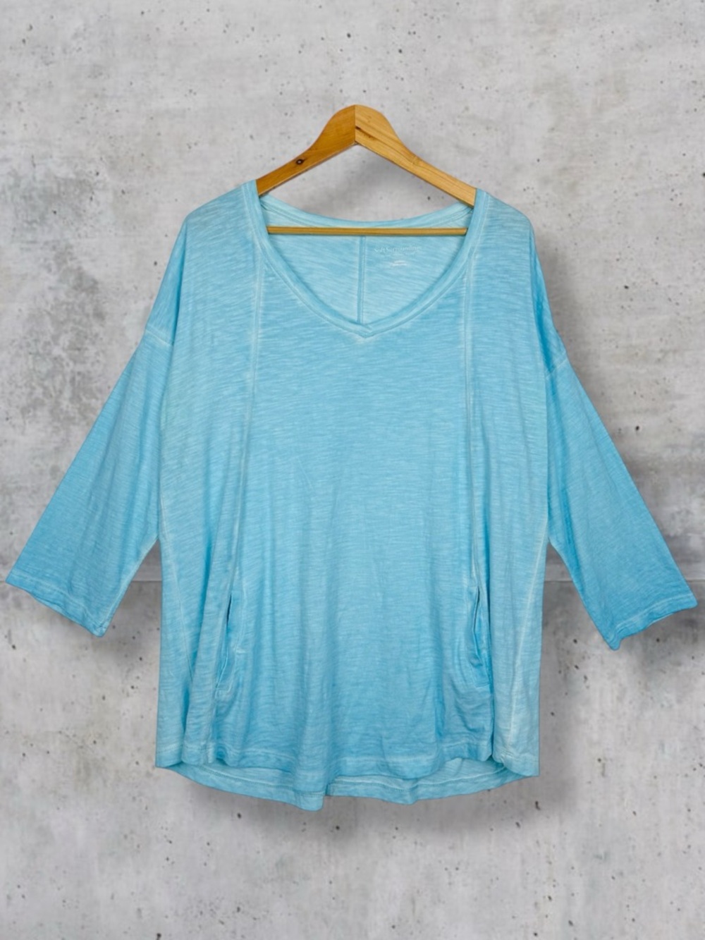 Soft Surroundings Heathered Knit V Neck Long Sleeve Slouchy Tunic Tee Blue M